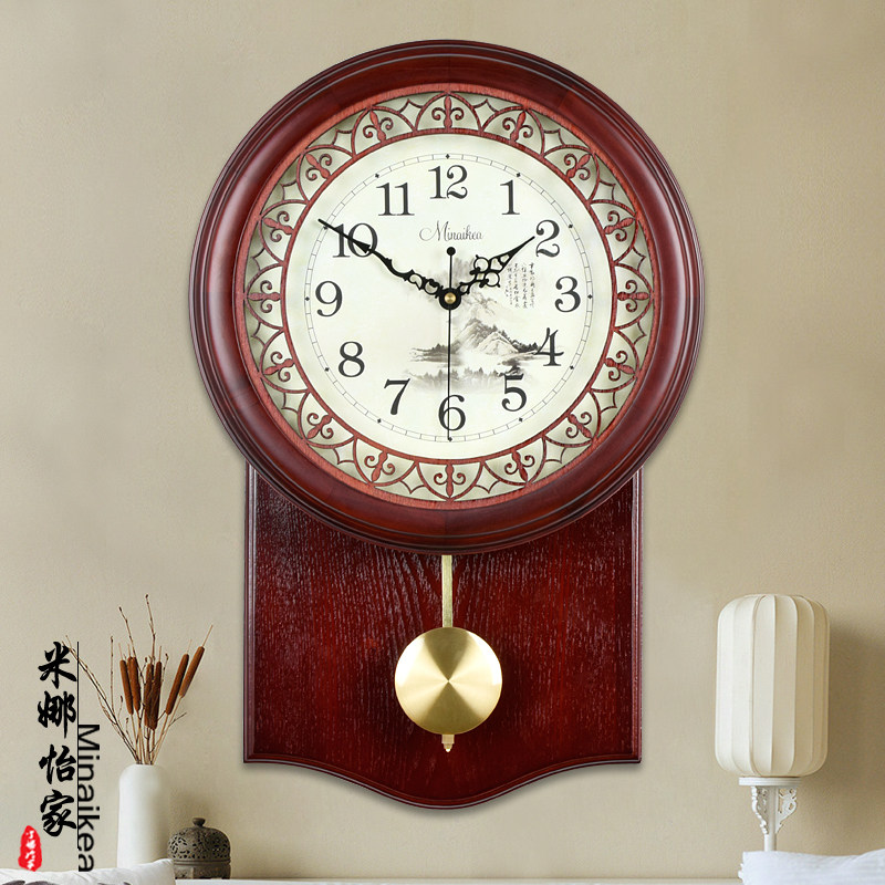 Ming and Qing Chinese living room wall clock large antique mute solid wood modern pastoral quartz clock fashion clock