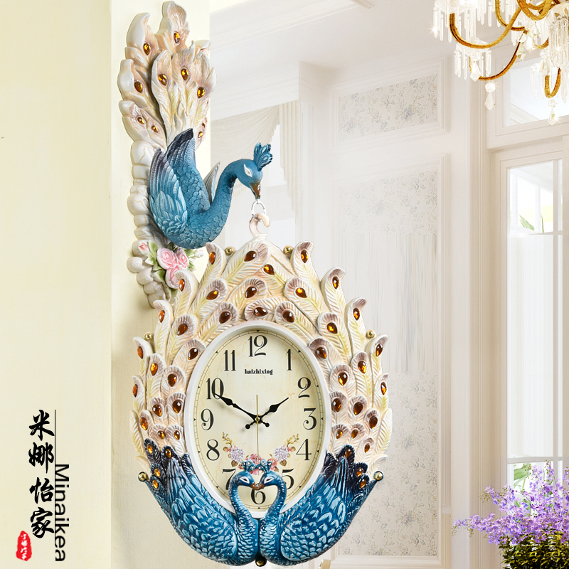 European-style home wall clock double-sided clock living room fashion clock creative personality peacock decorative art wall clock atmosphere