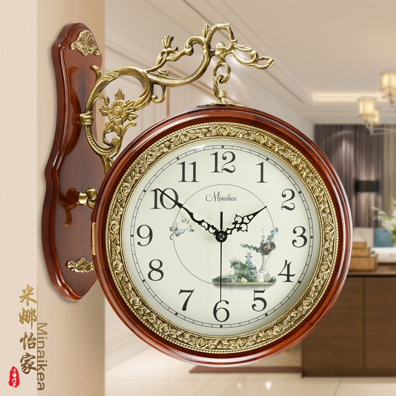 Eurostyle muted solid wood creative bifacial hanging bell modern large living room imitation ancient living room copper quartz clock table clock