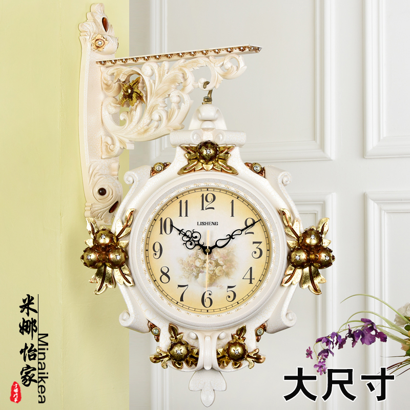 European-style living room clock double-sided wall clock modern pastoral watch two-sided clock mute creative big American vintage wall hanging watch