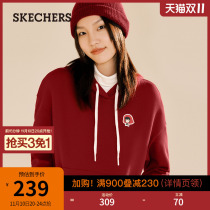 (加购)Skechers斯凯奇2022秋小红帽短款印花卫衣红色连帽上衣女