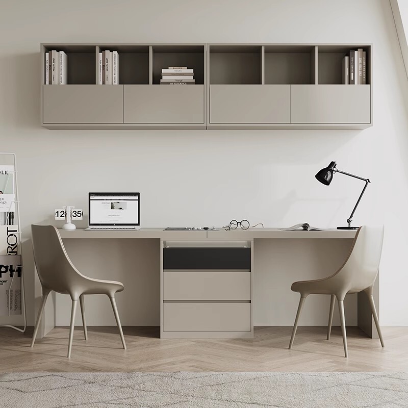 Modern Minimalist Desk, Double Study Desk, Bookcase Integrated, Straight Board Computer Gaming Desk, Drawer Cabinet Storage Combination