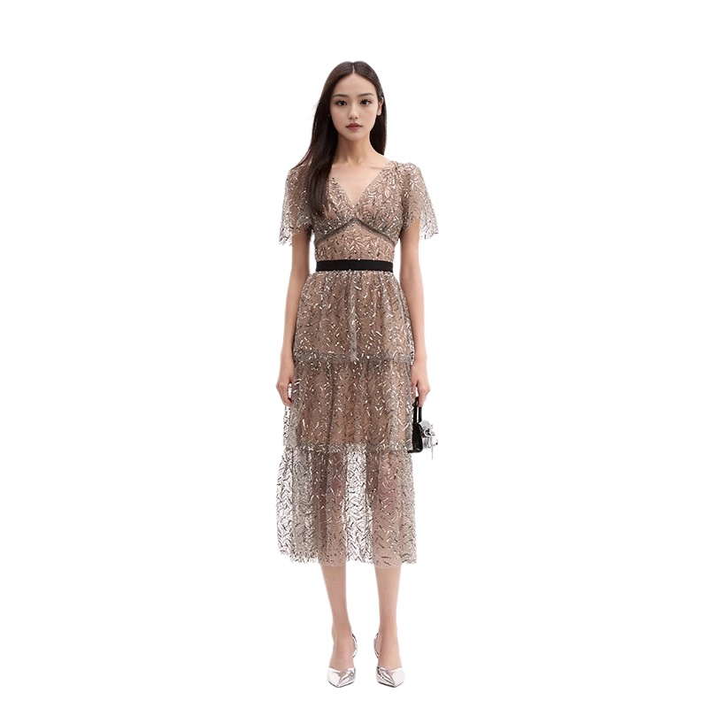 In Stock [Same Style as Dong Xuan] Selfsp Leaf-Patterned Gold Tower Skirt Light Dress Short Dress Haute Couture Version