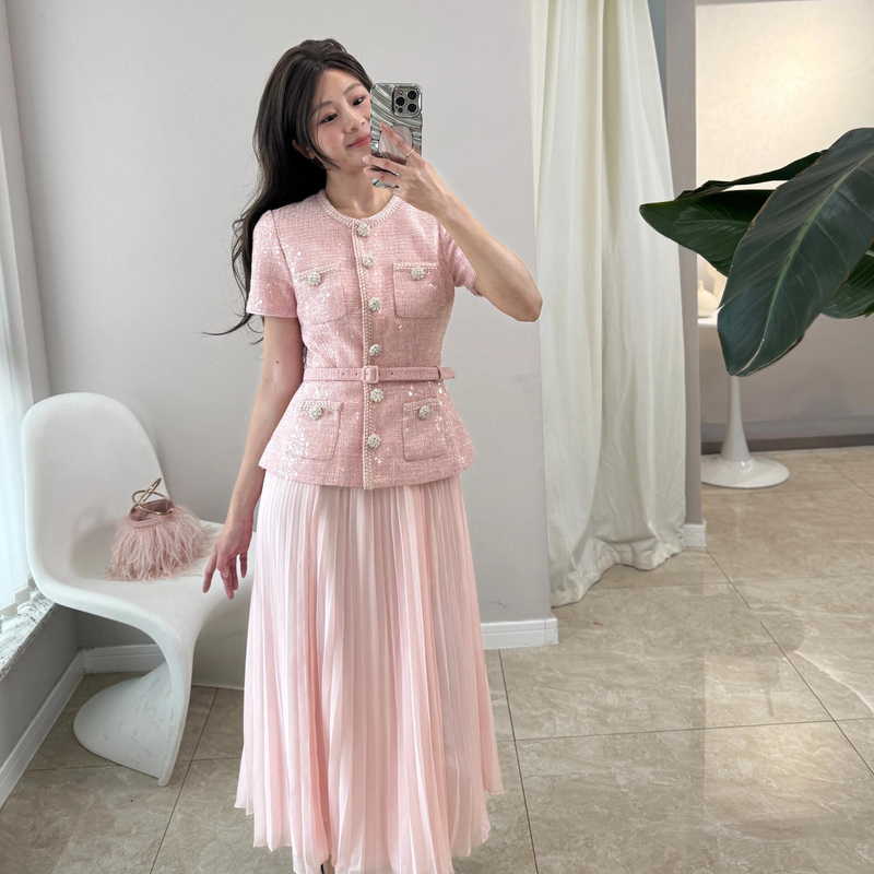 In Stock Selfsp New Pink Sequin Embroidered Patchwork Chiffon Fake Two-Piece Long Dress Gown Portrait