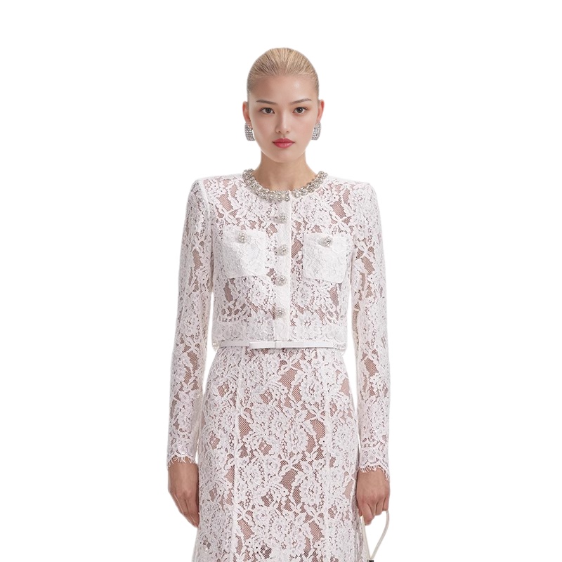 In Stock Selfsp Brand 2026 Spring/Summer Pure White Elegant Diamond-Embellished Long-Sleeve Sp Lace Cardigan Outerwear Set Pro Version