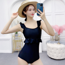 Japanese and Korean ins Black Lotus Leaf flying sleeves Conservative belly thin chest triangle high waist hot spring swimsuit women