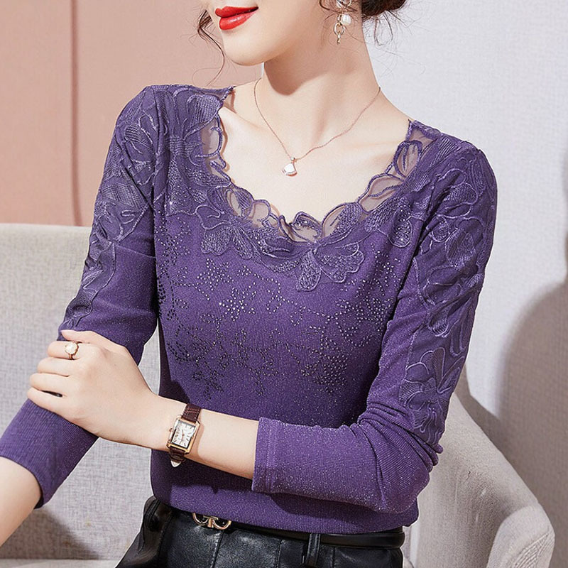 Women's Base Layer Shirt 2026 New Stylish Lace Embroidered Fleece-Lined T-Shirt That Can Be Worn Outside, High-End Mesh Top Women's Base Layer Shirt 2026 New Stylish Lace Embroidered Fleece-Lined T-Shirt That Can Be Worn Outside, High-End Mesh Top