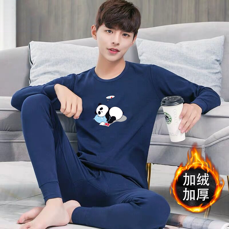 Autumn and winter new warm suit men plus velvet cartoon fashion printing teenager students long-sleeved round neck long johns