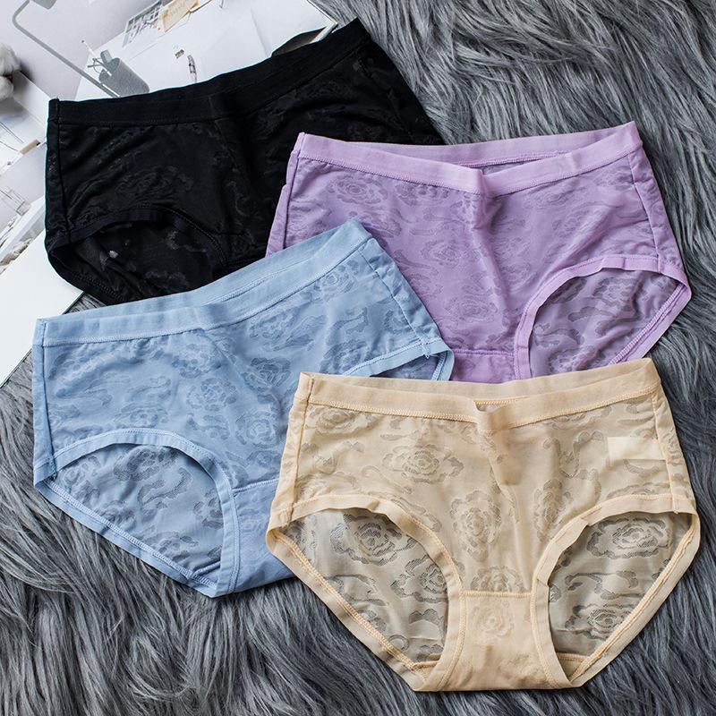 Women's ice silk seamless panties sexy transparent mid-waist cotton crotch antibacterial Korean version breathable and comfortable women's briefs
