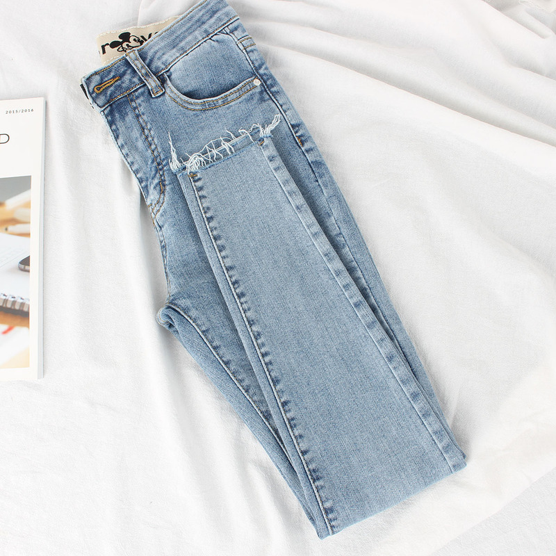 Light Blue Slim-Fit Skinny Jeans for Women, High-Waisted, Slimming, Tight-Fitting Pencil Pants, Thin Fleece Bootcut Pants