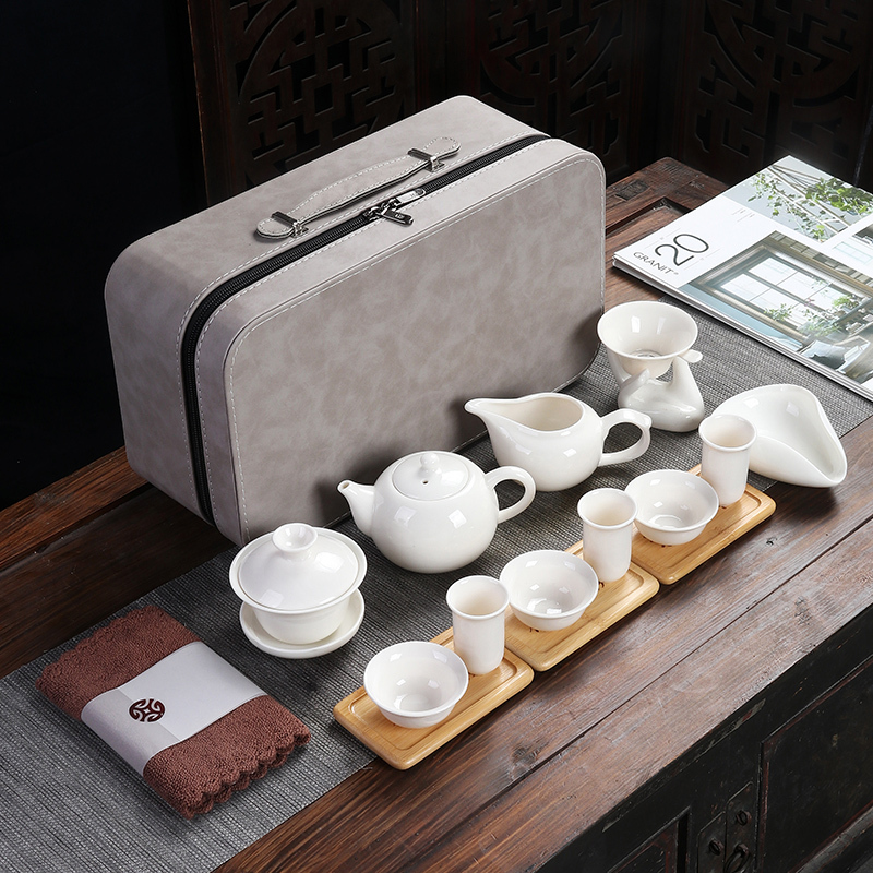 White Porcelain Complete Set of Ceramic Kung Fu Tea Set Portable Travel Bag Scent Cup Set Teaching Tea Art Exam Training Learning