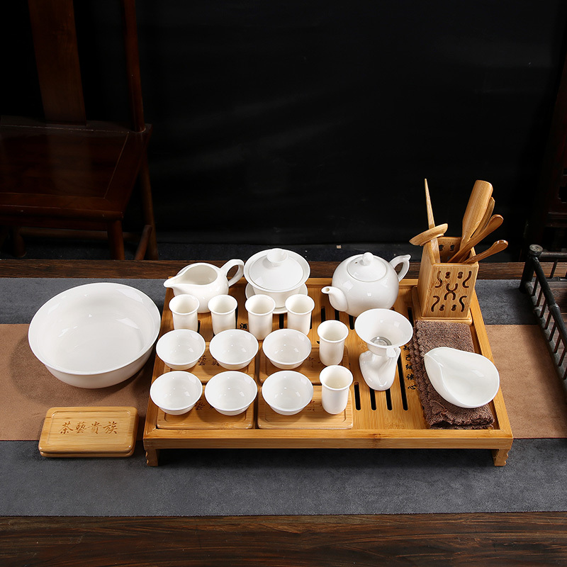 White Porcelain Complete Set of Ceramic Kung Fu Tea Cups Tea Set for Tea Art Exam Training Pure White Tea Set Tea Tray Teaching