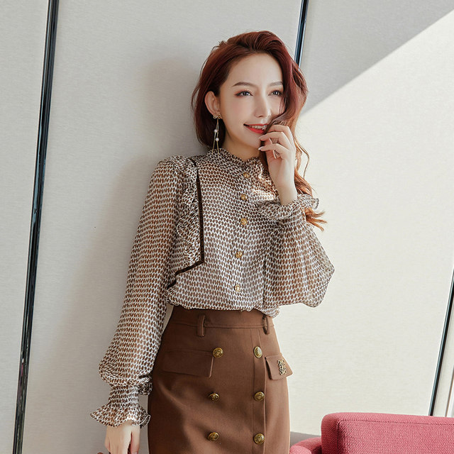 Xi Keer Western-style floral chiffon shirt women's 2022 spring new lotus leaf slimming top fashion plus velvet bottoming shirt