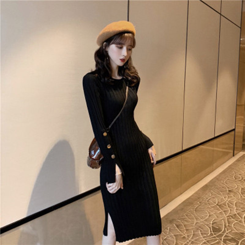 Knitted dress women's autumn and winter new knee-length long version slim fit and thin flared sleeves split temperament bottoming sweater dress