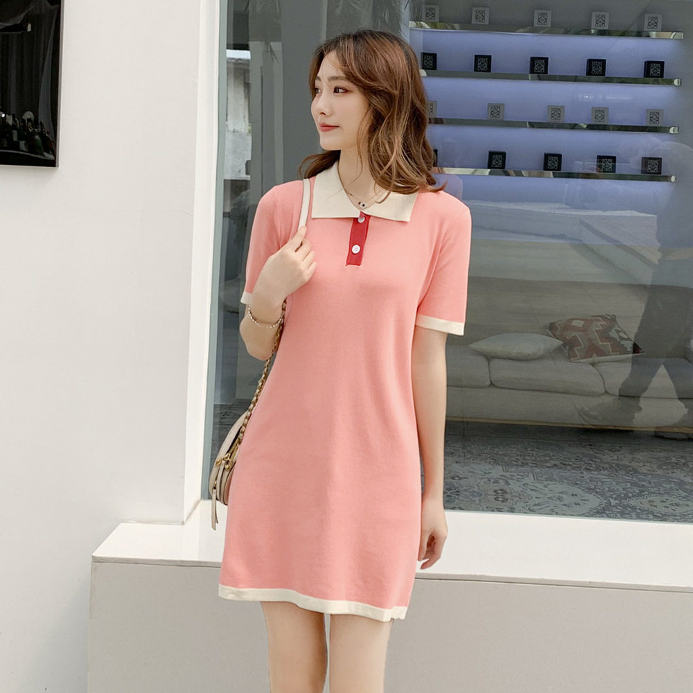 Dress 2020 new summer polo collar age reduction celebrity temperament haze blue short-sleeved knit straight skirt super immortal