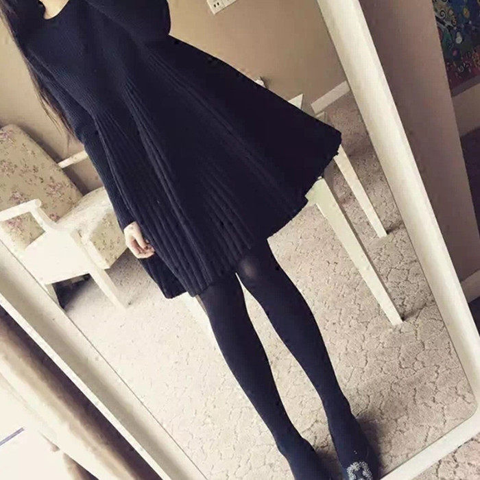 2020 autumn and winter skirt medium and long version thick knitted dress women's autumn and winter long-sleeved high-waisted a-type base skirt