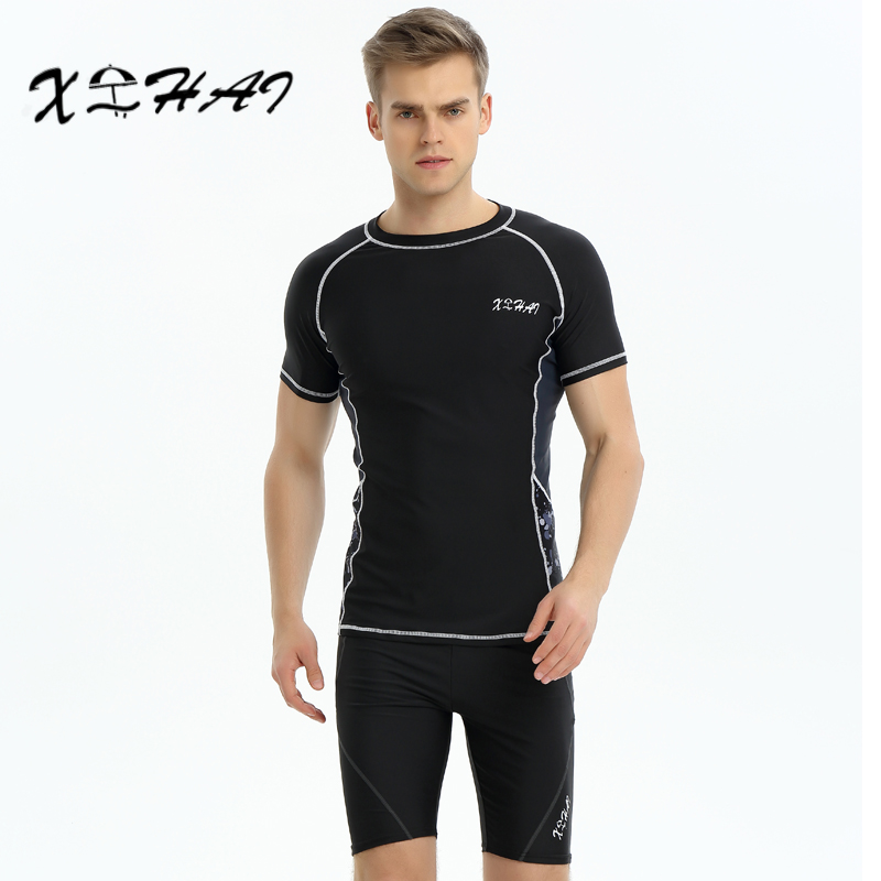 Men's swimsuit set two-piece swimming adult swimming trunks men's flat angle five-point hot spring men's long-sleeved top quick-drying