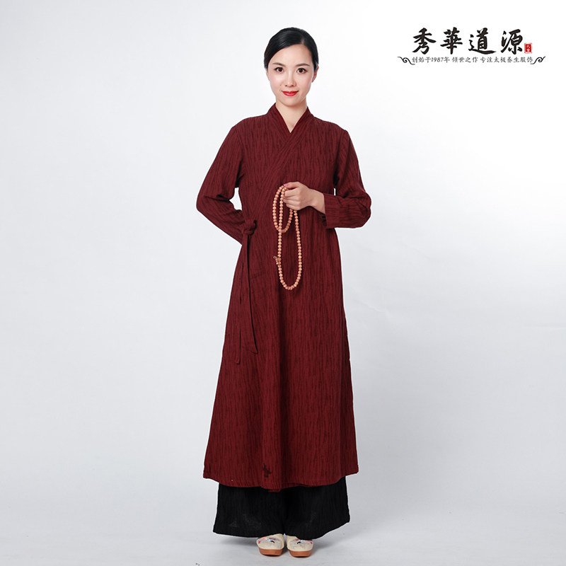 Xiuhua Daoyuan striped cotton hemp slanted neck straps Tai Chi costume Chinese style Hanfu long-sleeved women's performance dress spring and summer