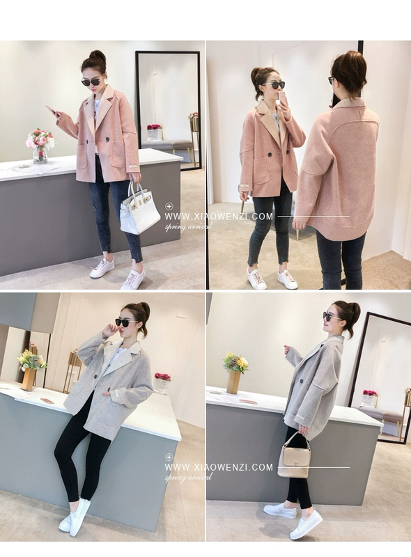 Áo khoác len nữ mùa thu 2018 phiên bản Hàn Quốc mới của áo len dài tay ve áo trong chiếc áo khoác cashmere hai mặt dài áo măng tô nữ