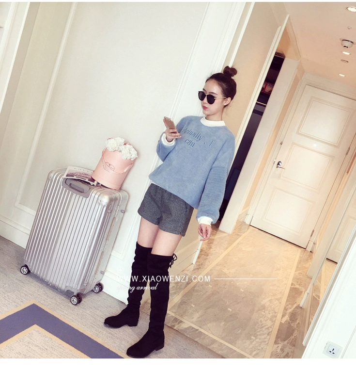 Quần áo thu đông nữ 2018 mới thời trang Hàn Quốc chic eo cao quần lửng ống rộng kẻ sọc hoang dã giản dị quần short thủy triều