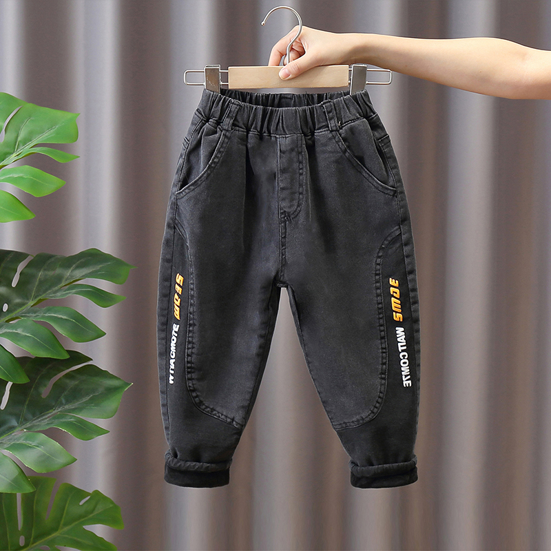 Boy pants plus suede children jeans autumn winter 2022 new foreign send baby boy thickened damp pants