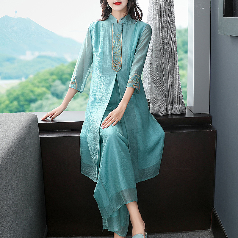 Ethnic style women's suit skirt Zen suit women's two-piece retro improved cheongsam Chinese style temperament Zen Chinese Tang suit