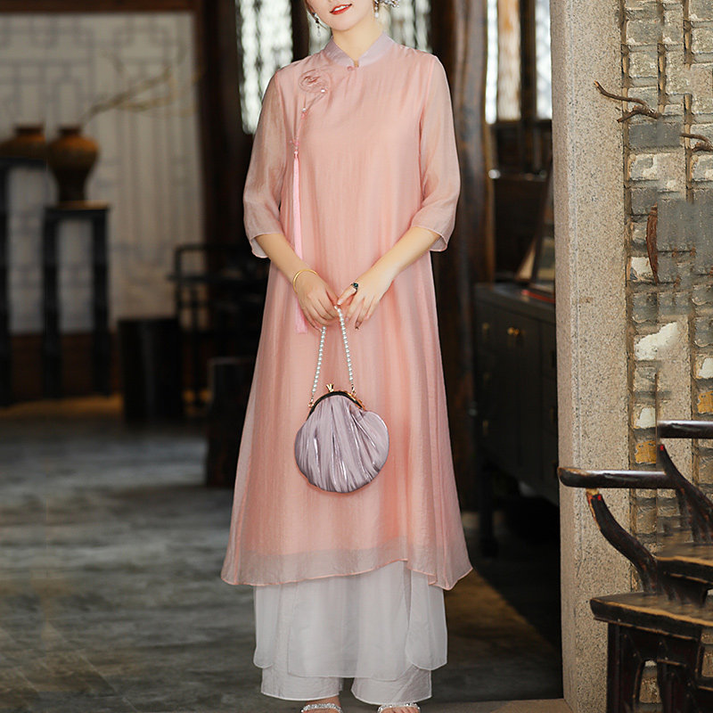 Qipao 2021 The new young section of the country's retro summer Suja Chinese style tea suit Tang suit Chinese wind and ocean clothing