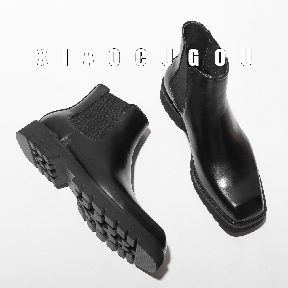 Genuine leather square head Chelsea men's head layer cow leather Martin boot thick bottom Inron wind 100 lap suit boots high help boots autumn winter 