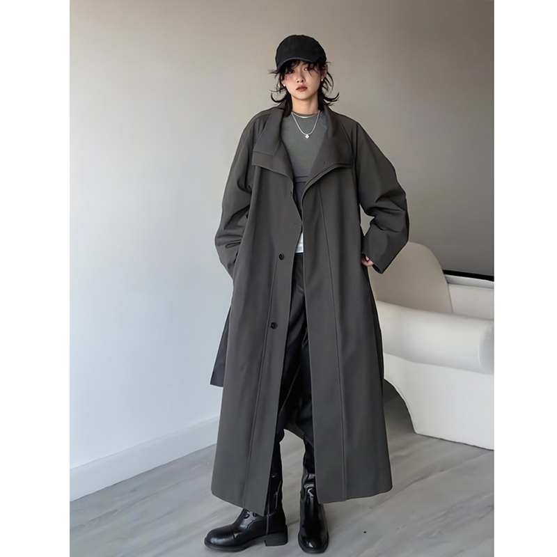 Korean Spring and Autumn Long Loose-Fitting Belted Trench Coat with Stand-Up Collar, British Style, Casual and Elegant Women's Coat