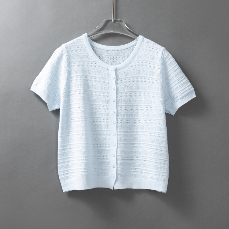 2026 New Style L Round Neck Short Hollow-Out Knit Short-Sleeve T-Shirt for Women, Summer Thin Ice Silk Commuter Style Button-Up Top for Women 2026 New Style L Round Neck Short Hollow-Out Knit Short-Sleeve T-Shirt for Women, Summer Thin Ice Silk Commuter Style Button-Up Top for Women