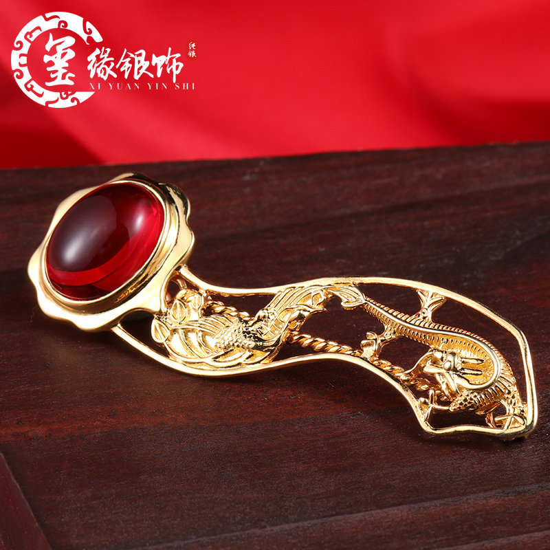 S925 Silver Hairpin Wedding Wishful Hairpin Silver Plated Gold Wedding Silver Jewelry Dragon Phoenix Chengxiang Red Corundum Handmade