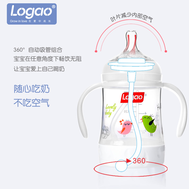Logao anti-flatuls PP school drinking bottle anti-fall milk bottle wide calibre with handle baby easy to drink