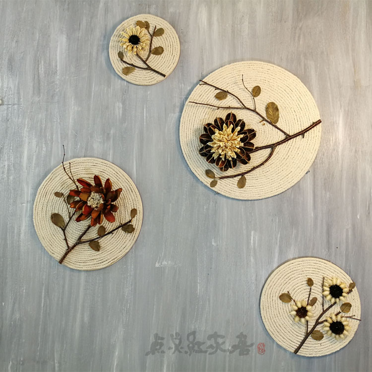 Flower good moon round hemp rope round handmade decorative painting Southeast Asian home wall decoration pendant dry flower nostalgic porch wall decoration