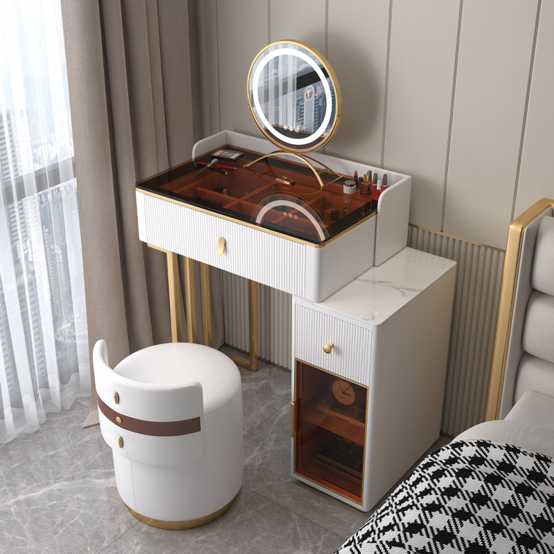 Light and luxurious telescopic dressers Cosmetic Bench MAKEUP STOOL INTEGRATED CABINET BEDROOM MODERN MINIMALIST ROCK BOARD SMALL MINI MAKEUP TABLE 