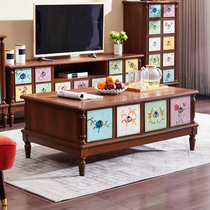 American country coffee table TV cabinet combination solid wood Mediterranean pastoral style living room furniture painted retro coffee table
