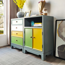 American solid wood contrast color four-bucket cabinet living room storage small wine cabinet Mediterranean style small side cabinet wall combination storage