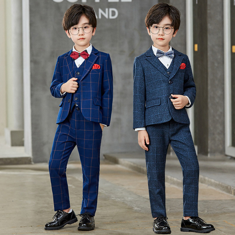 Children's suit autumn and winter plus velvet Korean version of the boy's plaid suit jacket flower girl baby dress three-piece suit thickened