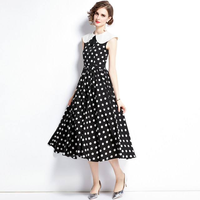 European station foreign trade trend fashion women's lapel Hepburn slim fit retro polka dot print mid-length dress