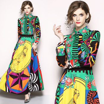 Real shot spot European station new women's lapel long-sleeved contrasting color temperament high waist long skirt