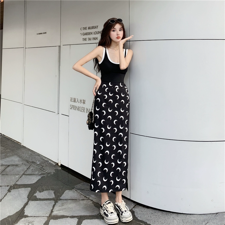 2022 New Korean Summer Harajuku Moon Pattern Black A-line Skirt Sexy Chiffon Slit Skirt Female High Waist Long Skirts Streetwear crop top with skirt