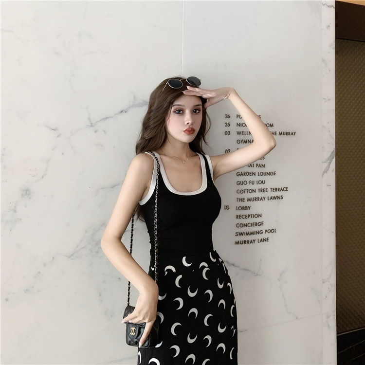 2022 New Korean Summer Harajuku Moon Pattern Black A-line Skirt Sexy Chiffon Slit Skirt Female High Waist Long Skirts Streetwear crop top with skirt