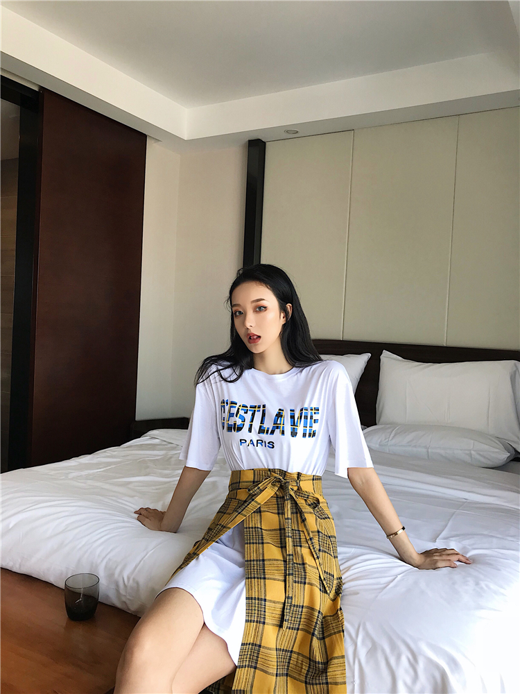 VK旗艦店 韓系字母格紋個性套裝短袖裙裝