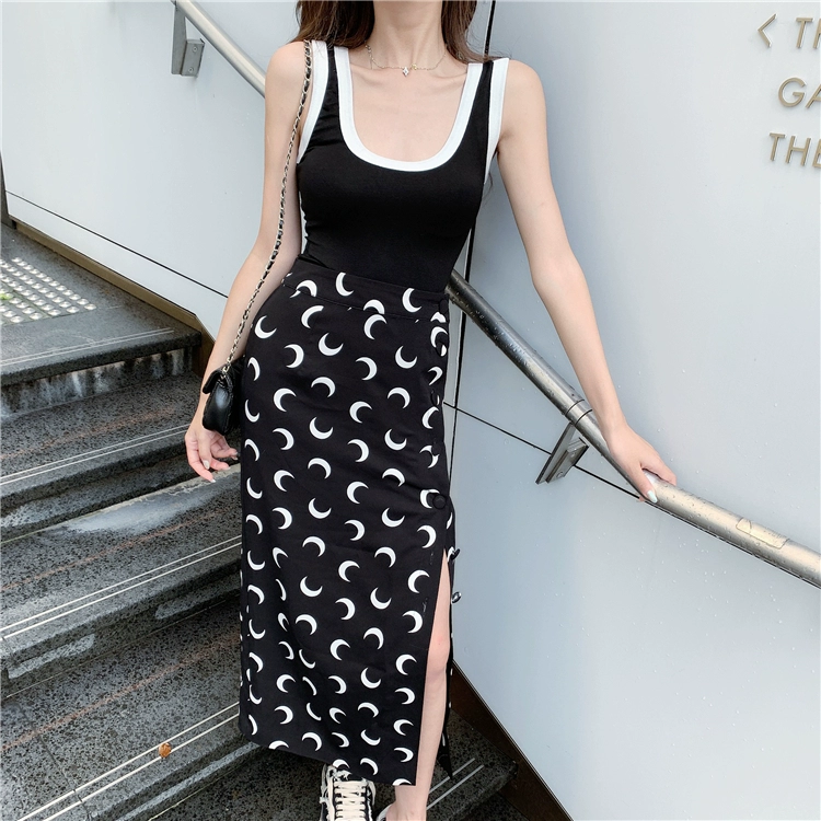 2022 New Korean Summer Harajuku Moon Pattern Black A-line Skirt Sexy Chiffon Slit Skirt Female High Waist Long Skirts Streetwear crop top with skirt