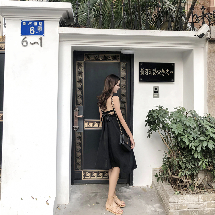 VK旗艦店 韓系露背系帶復古蕾絲花朵邊細肩帶無袖洋裝