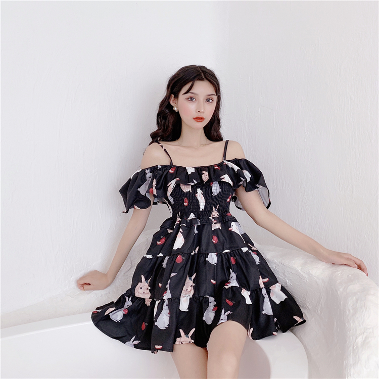 VK旗艦店 韓國風甜美小兔一字領收腰短袖洋裝