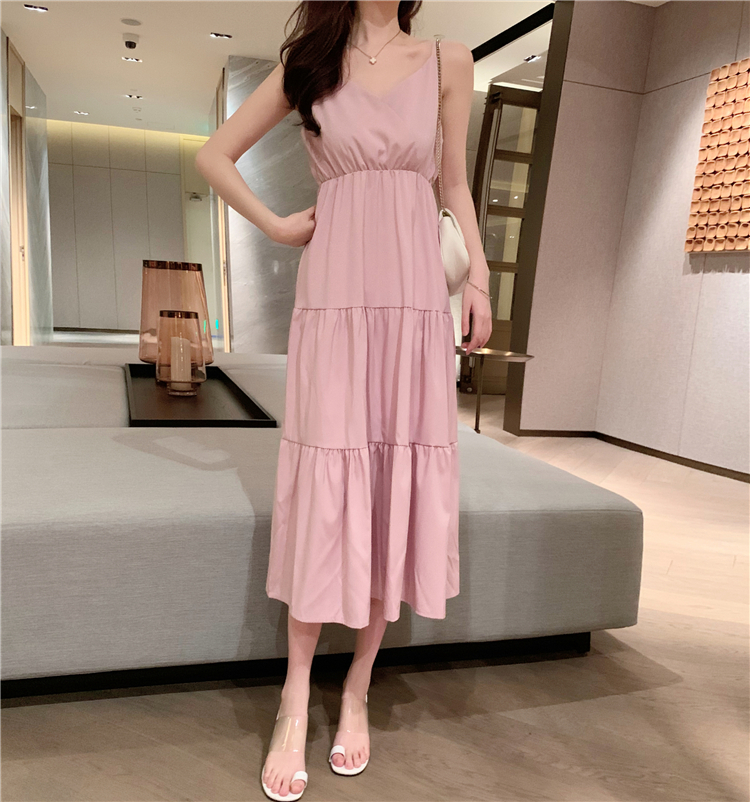 VK旗艦店 韓系高腰百搭蛋糕裙顯瘦長版吊帶無袖洋裝