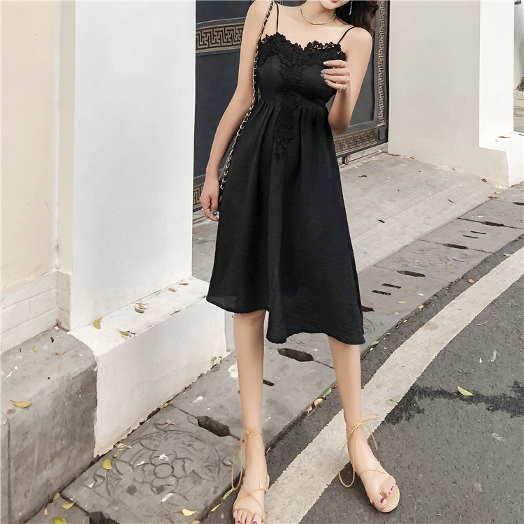 VK旗艦店 韓系露背系帶復古蕾絲花朵邊細肩帶無袖洋裝