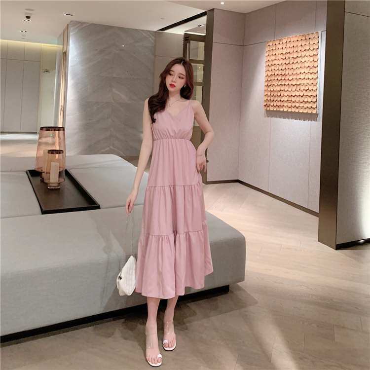 VK旗艦店 韓系高腰百搭蛋糕裙顯瘦長版吊帶無袖洋裝