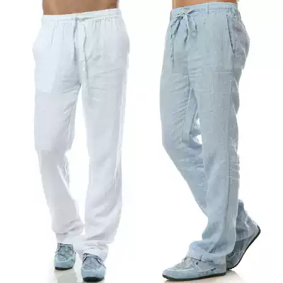 Hong Kong summer linen pants men's thin loose cotton linen straight tube hemp Chinese style trousers white casual large size pants
