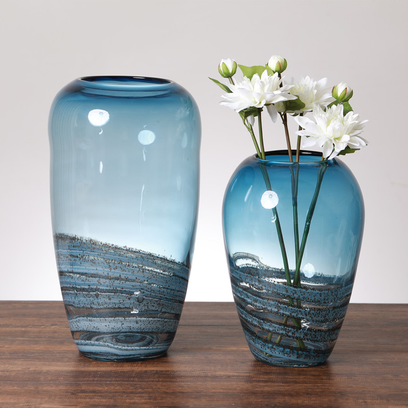 Modern minimal blue glass vase Living room TV cabinet panel decorated with hydro - plug - in flower